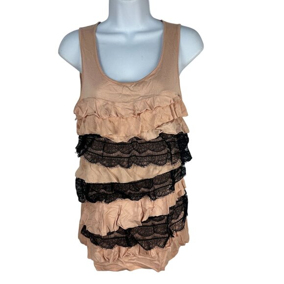 Ann Taylor Womens Sleeveless Beige And Black Lace Tiered Ruffle Tank Top Size S - Picture 1 of 4